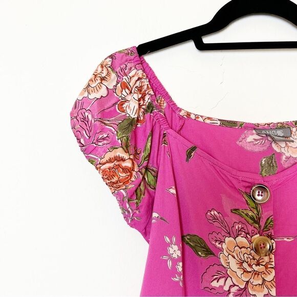 Angie Pink Floral Fit & Flare Button Down Summer Mini Dress, Size Medium - Picture 3 of 10